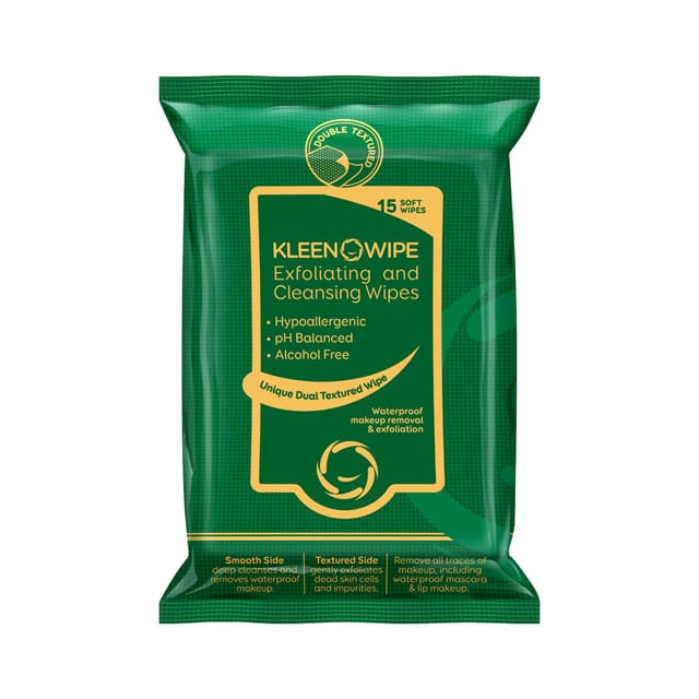 KleenOWipe Hypoallergenic Exfoliating & Deep Cleansing Face Care Wipes For Men & Women - 15 Pc Alcohol Free pH Balanced Soft Wipes